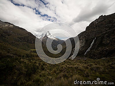 Panorama view of andean mountain landscape valley near Laguna 69 Cordillera Blanca Cebollapampa Huaraz Ancash Peru Stock Photo
