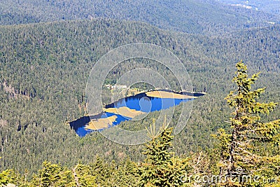 Panorama view of Bavarian Forest and lake Kleiner Arbersee seen from mountain Großer Arber, Germany Stock Photo