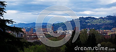 Panorama view of Bologna, basilic of San Petronio, the hills behind the city Stock Photo