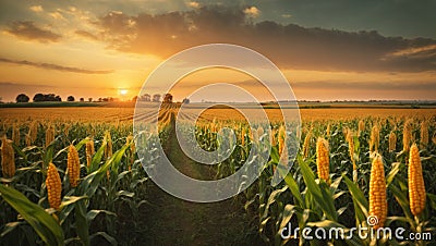 Panorama view of countryside landscape with corn field, Beautiful Maize field in sunset. ai generative Stock Photo