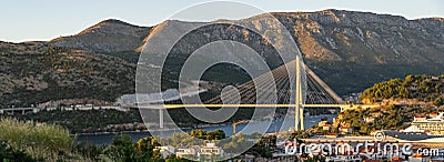 Panorama view of Dubrovnik bridge with mountain ranga Dalamatia coast in Croatia summer Stock Photo