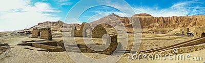 A panorama view on the east bank of the Nile at Luxor, Egypt past ancient ruins towards the Hatshepsut temple Stock Photo