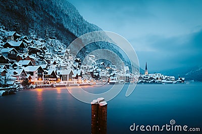 Twilight view of Hallstatt in winter, Salzkammergut, Austria Stock Photo