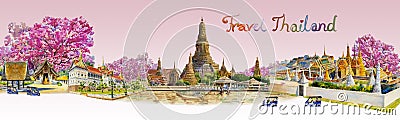 Panorama view famous landmarks in Thailand. Cartoon Illustration