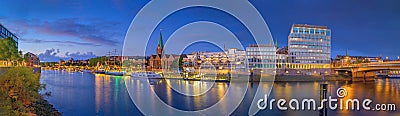Panorama view of harbour along the Schlachte Embankment and Martinianleger by Bremen. View of Bremen riverside, Weser river, Schl Stock Photo