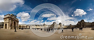 Panorama view of the inner court the Louvre museum. The is one the world`s largest museums and the most popular tourist destina Editorial Stock Photo