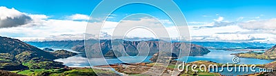 Panorama view, Lake Wanaka in autumn. View from Diamond lake track, Mt aspiring, Wanaka, New Zealand. I Stock Photo