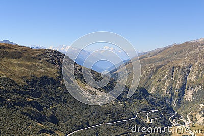 Panorama view with mountain Dom and Weisshorn and Furka Pass road in the Swiss Alps, Switzerland Stock Photo