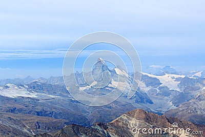 Panorama view with mountain Matterhorn seen from Allalinhorn in Pennine Alps, Switzerland Stock Photo