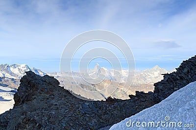 Panorama view with mountain Matterhorn seen from Allalinhorn in Pennine Alps, Switzerland Stock Photo