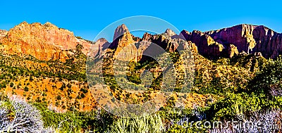 Panorama View of Nagunt Mesa, and other Red Rock Peaks of the Kolob Canyon part of Zion National Park, Utah, United Sates Stock Photo