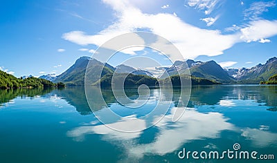 Panorama view on Nordfjorden and Svartisen glacier at Meloy, Norway Stock Photo
