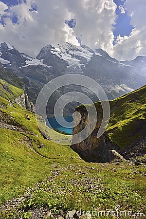 Panorama view of Oeschinensee, Kandersteg. Berner Oberland. Switzerland Stock Photo