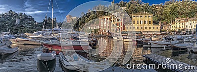 Panorama view of Portofino harbor with boats Stock Photo