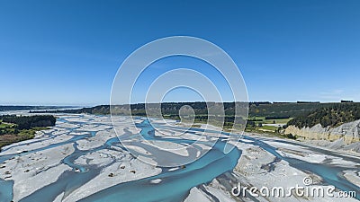 Panorama view of Rakaia River lagoon Valley and blue sky background Stock Photo