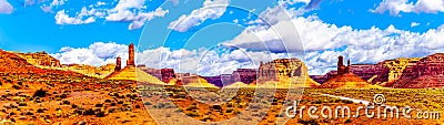 Panorama view of the Red Sandstone Buttes and Pinnacles in the semi desert landscape in the Valley of the Gods State Park Stock Photo