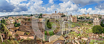 Panorama view of Ruins of Roman Forum from Farnese Garden. Rome. Italy Editorial Stock Photo