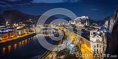 Panorama view of Salzburg in Austria from Moenchsberg at christmas night Stock Photo