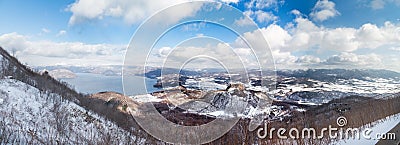 Panorama view of Showa Shinzan from Mount Usu or Usuzan Stock Photo