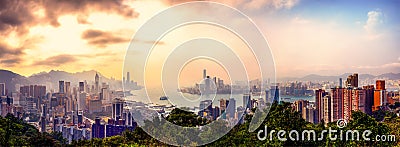 Panorama view sunset of Victoria Harbor, Hong Kong Editorial Stock Photo