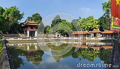 Panorama view of third courtyard in ancient Temple of Literature or Van Mieu, with the Thien Quang well and the red Khue Van pavil Stock Photo