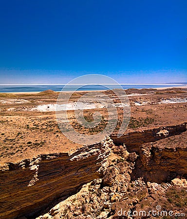 Panorama view to Aral sea from the rim of Plateau Ustyurt near Duana cape , Karakalpakstan, Uzbekistan Stock Photo