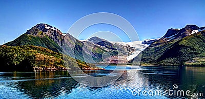 Panorama view to Nordfjorden and Svartisen glacier, Meloy, Norway Stock Photo