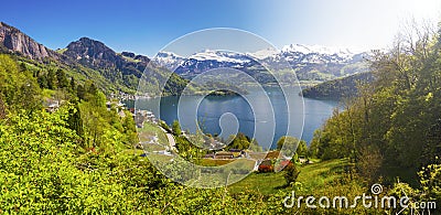 Panorama view to village Vitznau, Lake Lucerne and Swiss Alps near Lucerne, Switzerland Stock Photo