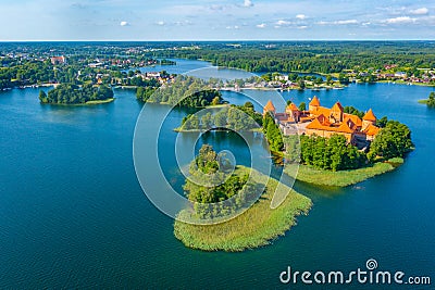 Panorama view of Trakai castle and village at Galve lake in Lith Stock Photo