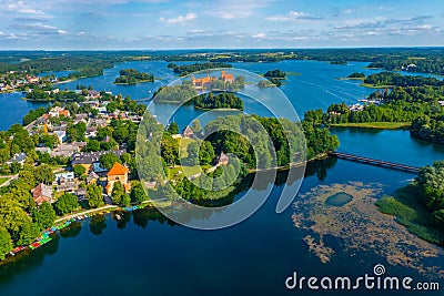 Panorama view of Trakai castle and village at Galve lake in Lith Stock Photo