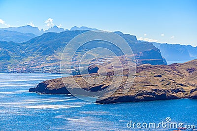 Panorama view of the wild coast and cliffs at Ponta de Sao Lourenco, Madeira island, Portugal Stock Photo