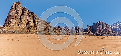 A panorama view of a wind eroded mountain landscape in Wadi Rum, Jordan Stock Photo