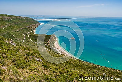 Panorama viewpoint at Serra da ArrÃ¡bida Nature Reserve with TrÃ³ia on the horizon, SetÃºbal PORTUGAL Stock Photo