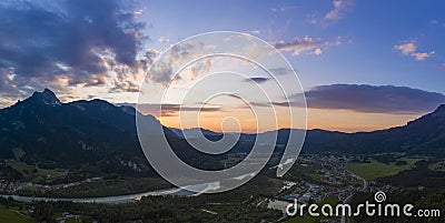 Panorama of village pflach in austrian mountains with river lech Stock Photo