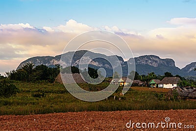 Panorama of the Vinales Valley with the Mogotes at sunrise Stock Photo