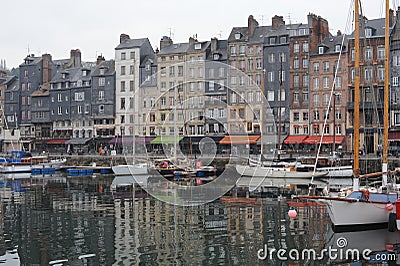Panorama of waterfront with beautiful medieval old houses in Honfleur, Normandy, Normandie, France Editorial Stock Photo