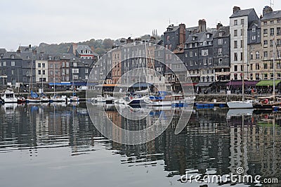 Panorama of waterfront with beautiful medieval old houses in Honfleur, Normandy, Normandie, France Editorial Stock Photo