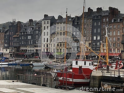 Panorama of waterfront with beautiful medieval old houses in Honfleur, Normandy, Normandie, France Editorial Stock Photo