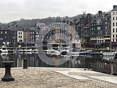 Panorama of waterfront with beautiful medieval old houses in Honfleur, Normandy, Normandie, France Stock Photo