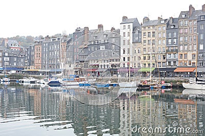 Panorama of waterfront with beautiful medieval old houses in Honfleur, Normandy, Normandie, France Editorial Stock Photo