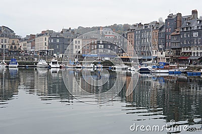 Panorama of waterfront with beautiful medieval old houses in Honfleur, Normandy, Normandie, France Editorial Stock Photo