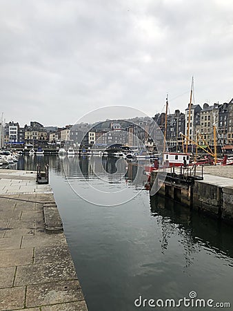 Panorama of waterfront with beautiful medieval old houses in Honfleur, Normandy, Normandie, France Editorial Stock Photo