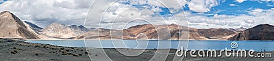 Panorama of western Pangong Tso Lake in Ladakh, India, near the Line of Actual Control between India and China Stock Photo