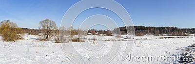 Panorama of a wild field located on the edge of a birch forest photographed in early spring. Stock Photo