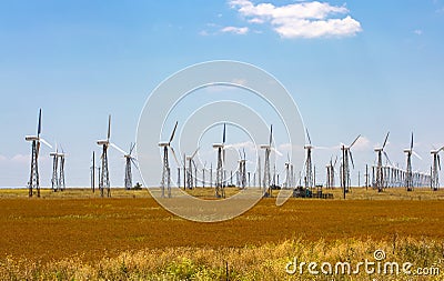 panorama wind farm in Russia on the field in summer Stock Photo