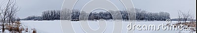 Panorama Winter forest with bare dark trees on frozen river Stock Photo