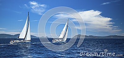 Panorama of the yacht race in the open sea. Sailing. Stock Photo