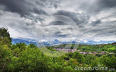 Panorama of Zaili Alatau mountains in Alamty Stock Photo