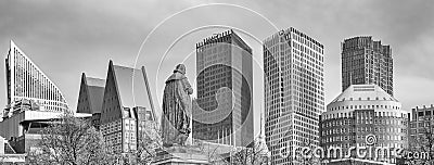 Panorama photo of the statue of William vam Orange on het Plein in the Hague with the sky-line in the background in black and whit Stock Photo