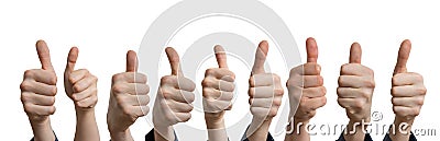 Panoramatic photo of many thumbs up. Isolated on white background Stock Photo